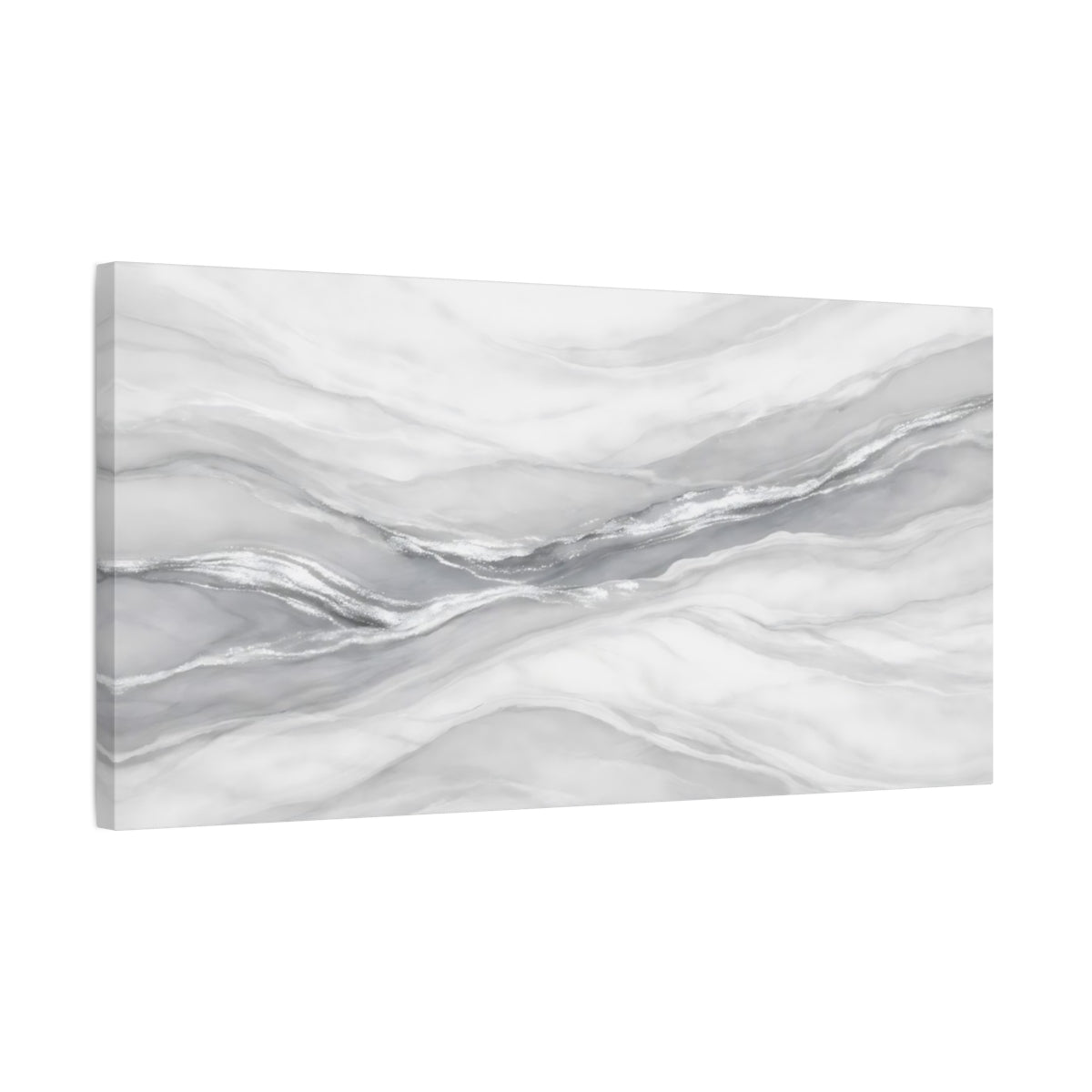 Side Mockup 2. Abstract Marble Pattern White Silver Marble shown as stretched canvas wall art