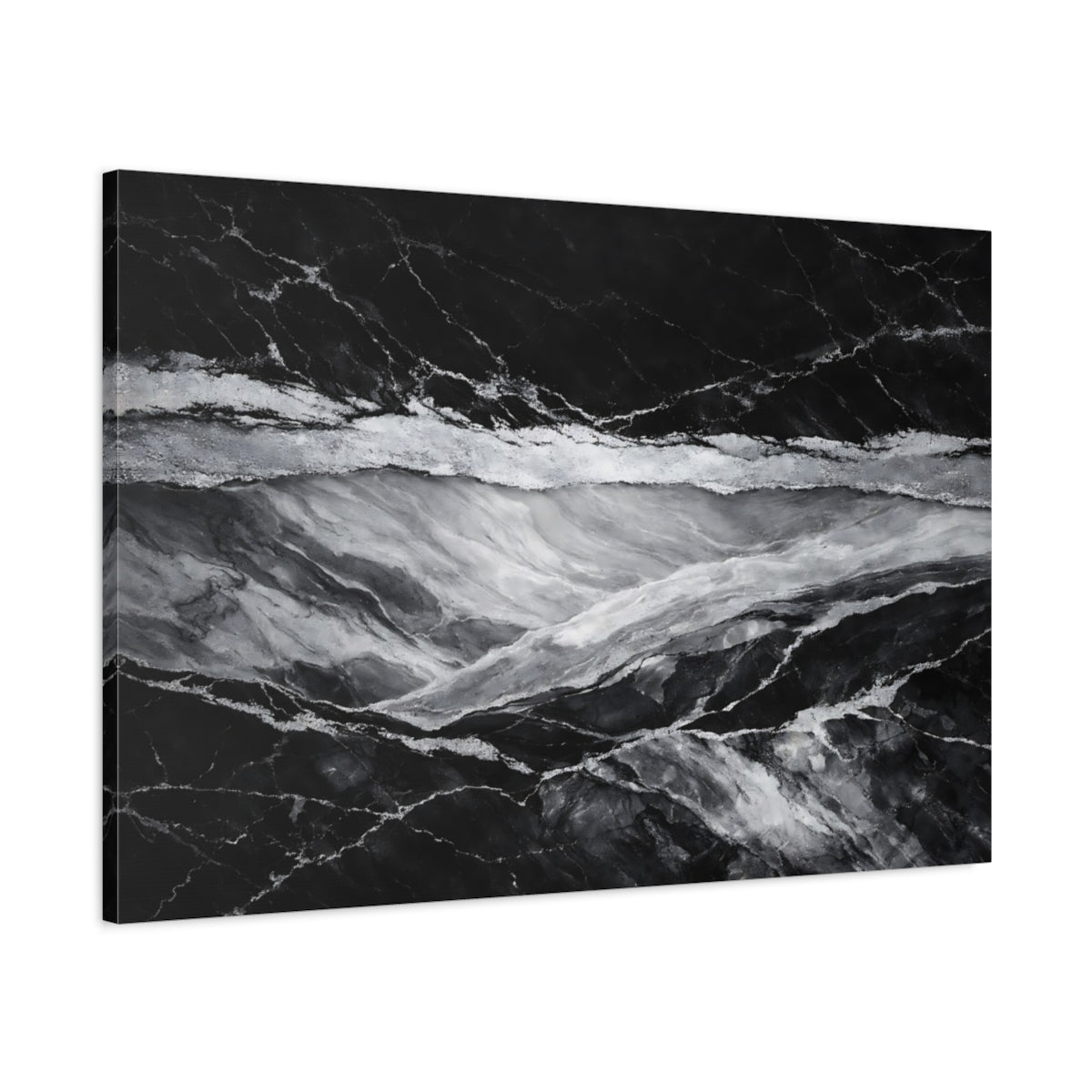 Side Mockup 1. Abstract Marble Texture Black And Silver shown as stretched canvas wall art