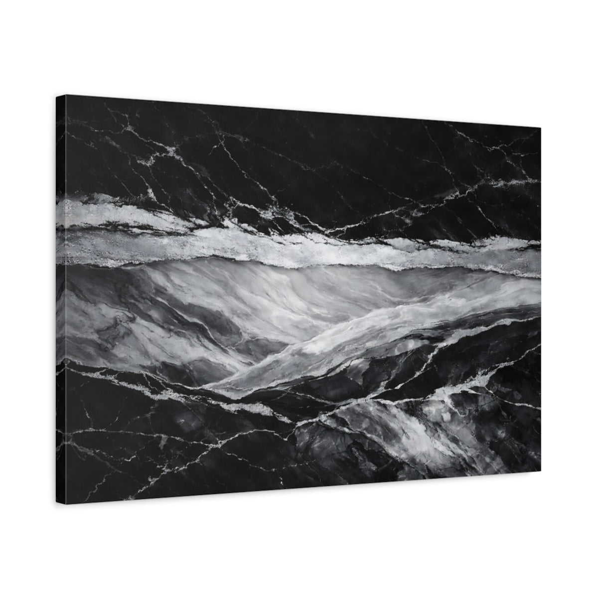 Side Mockup 2. Abstract Marble Texture Black And Silver shown as stretched canvas wall art