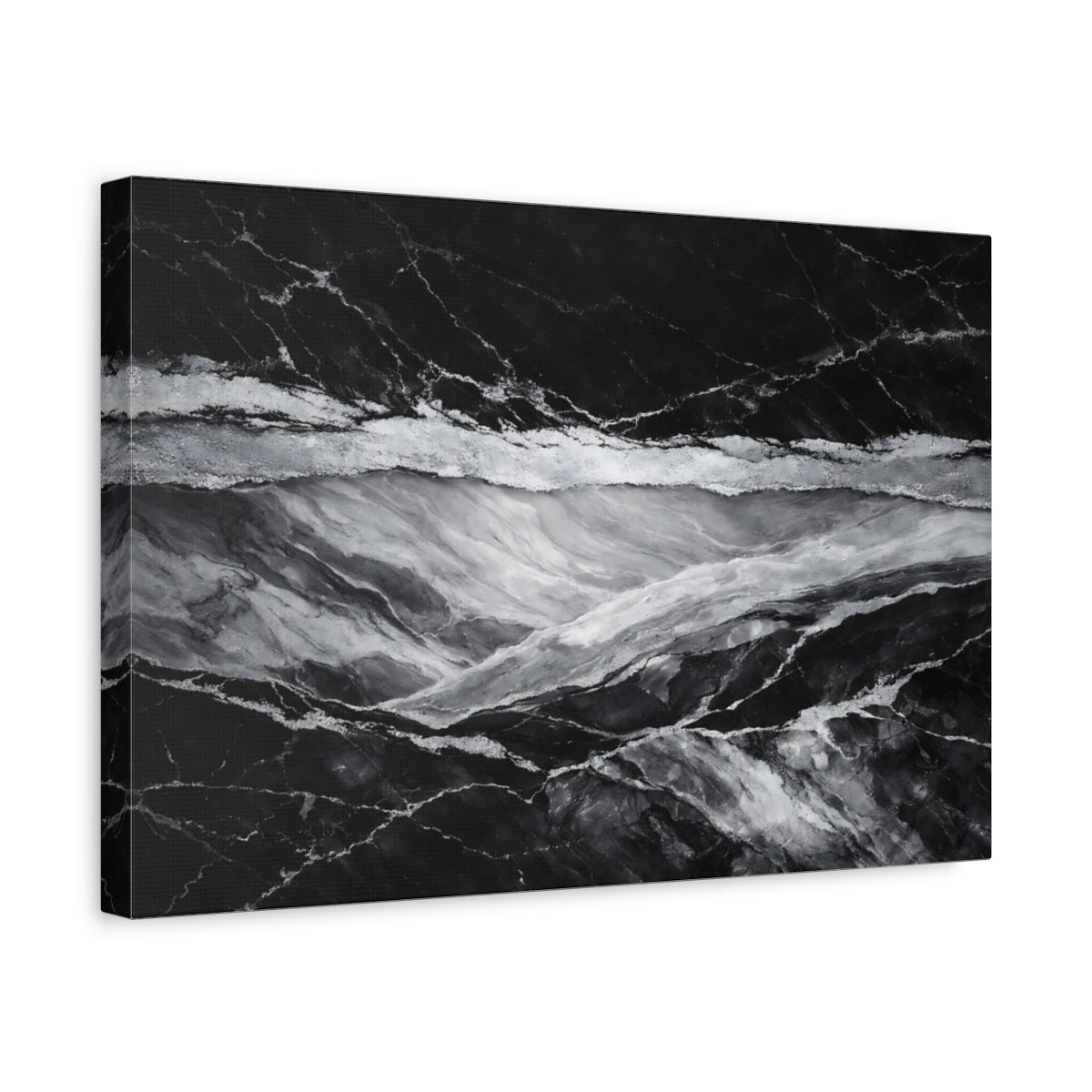 Side Mockup 4. Abstract Marble Texture Black And Silver shown as stretched canvas wall art