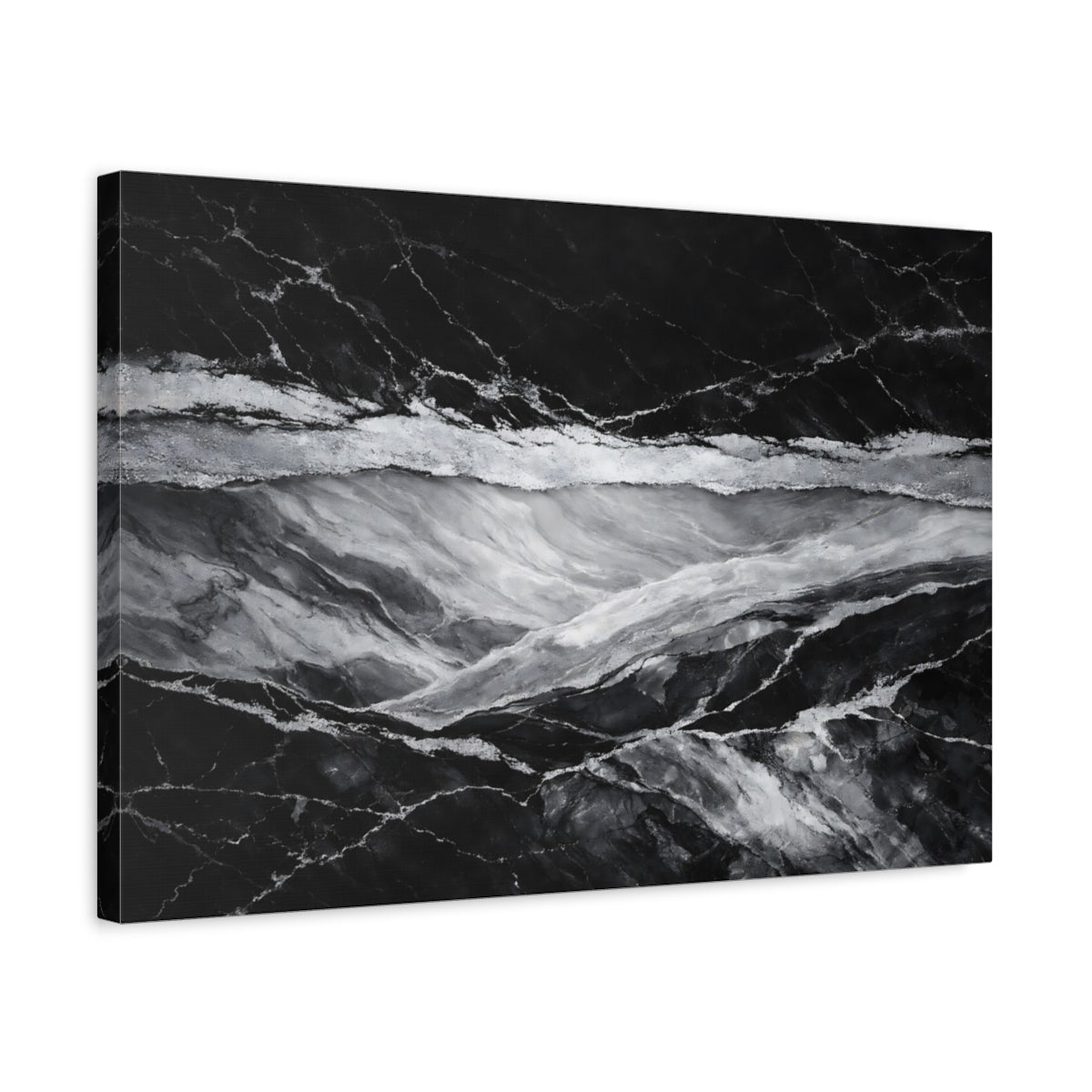 Side Mockup 3. Abstract Marble Texture Black And Silver shown as stretched canvas wall art