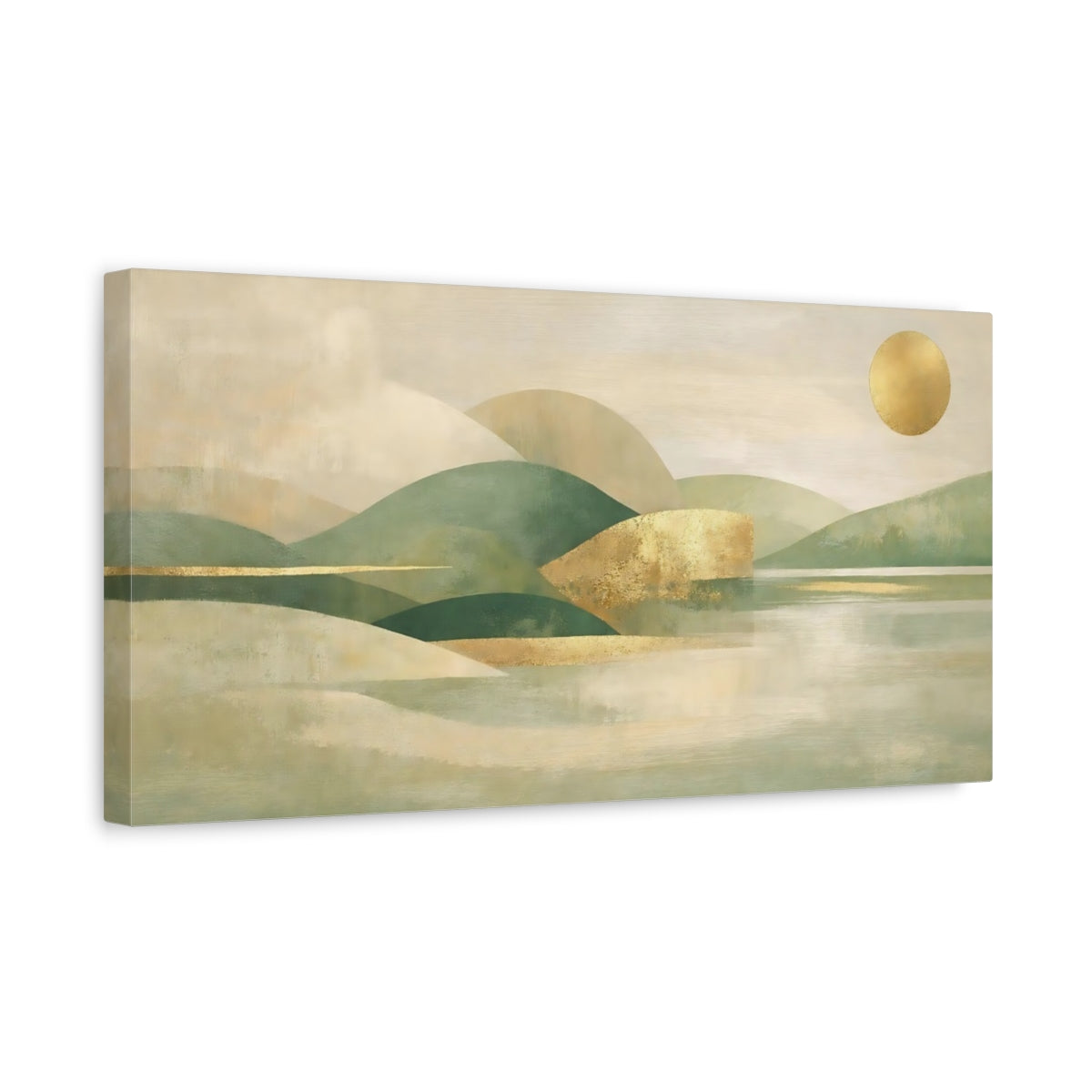 Side Mockup 3. Nature Mountain Landscape Green Gold Landscape shown as stretched canvas wall art