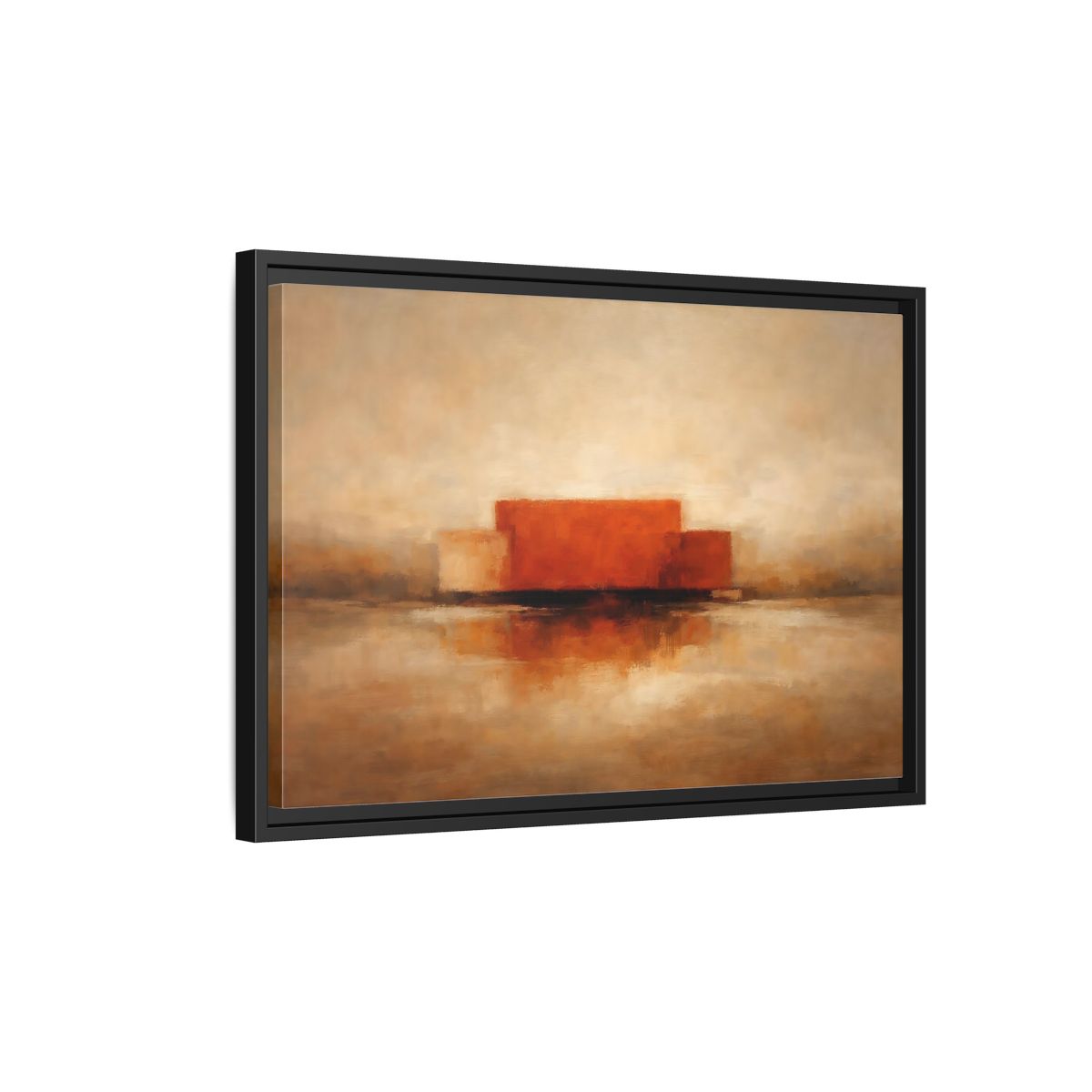 Side Mockup 3. Abstract Abstract Shapes Orange And Beige shown as stretched canvas wall art