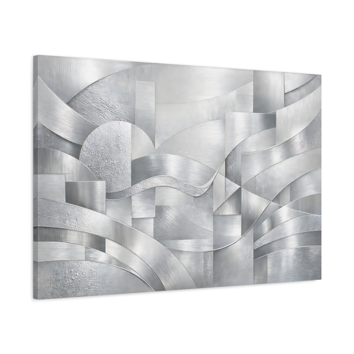 Side Mockup 1. Abstract Silver Textures Silver Abstract shown as stretched canvas wall art