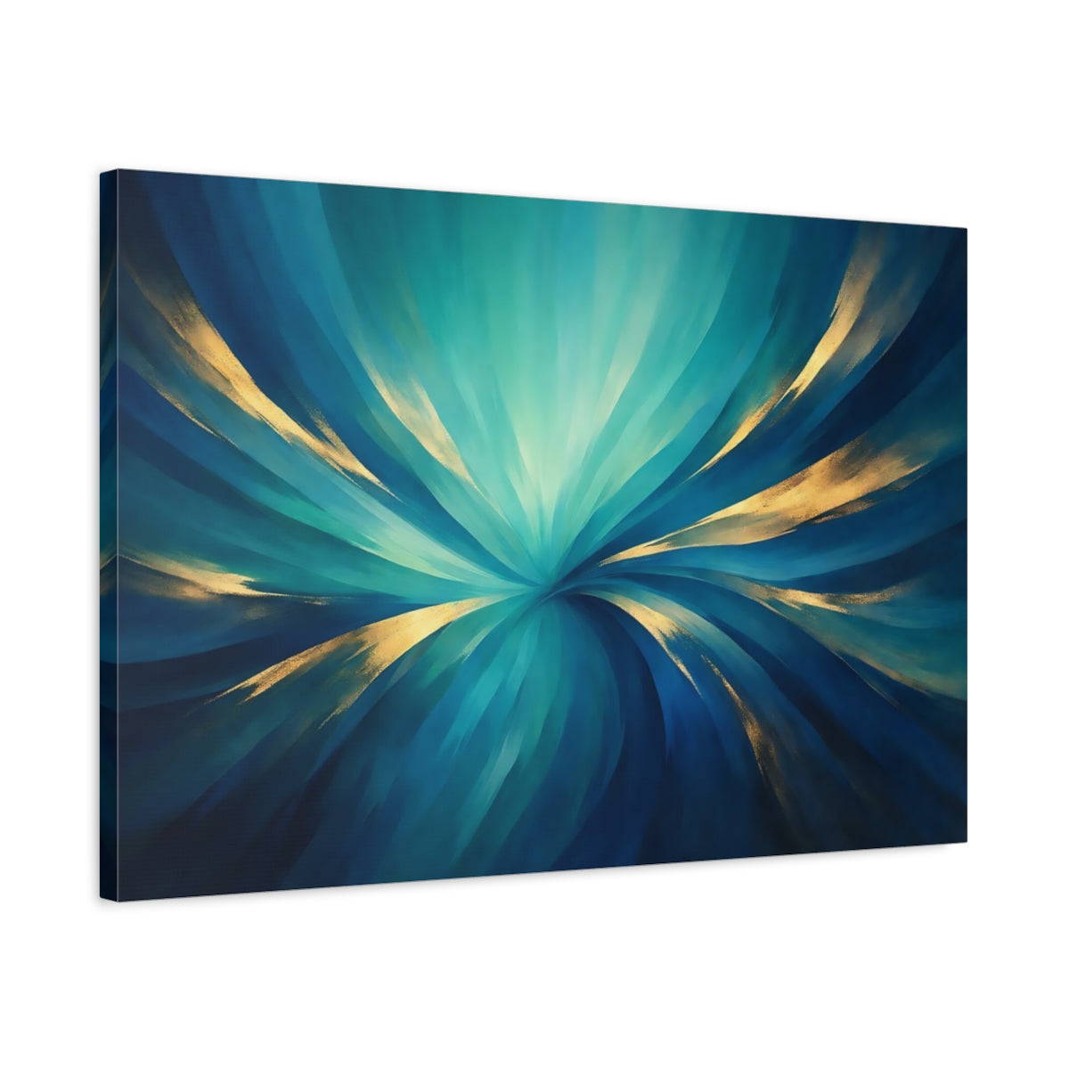 Side Mockup 2. Abstract Abstract Swirl Teal And Gold shown as stretched canvas wall art