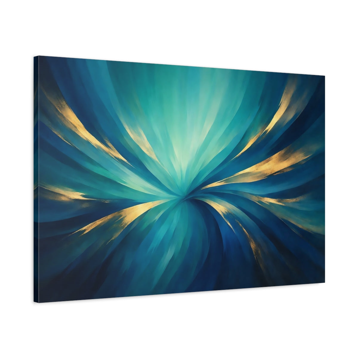 Side Mockup 1. Abstract Abstract Swirl Teal And Gold shown as stretched canvas wall art