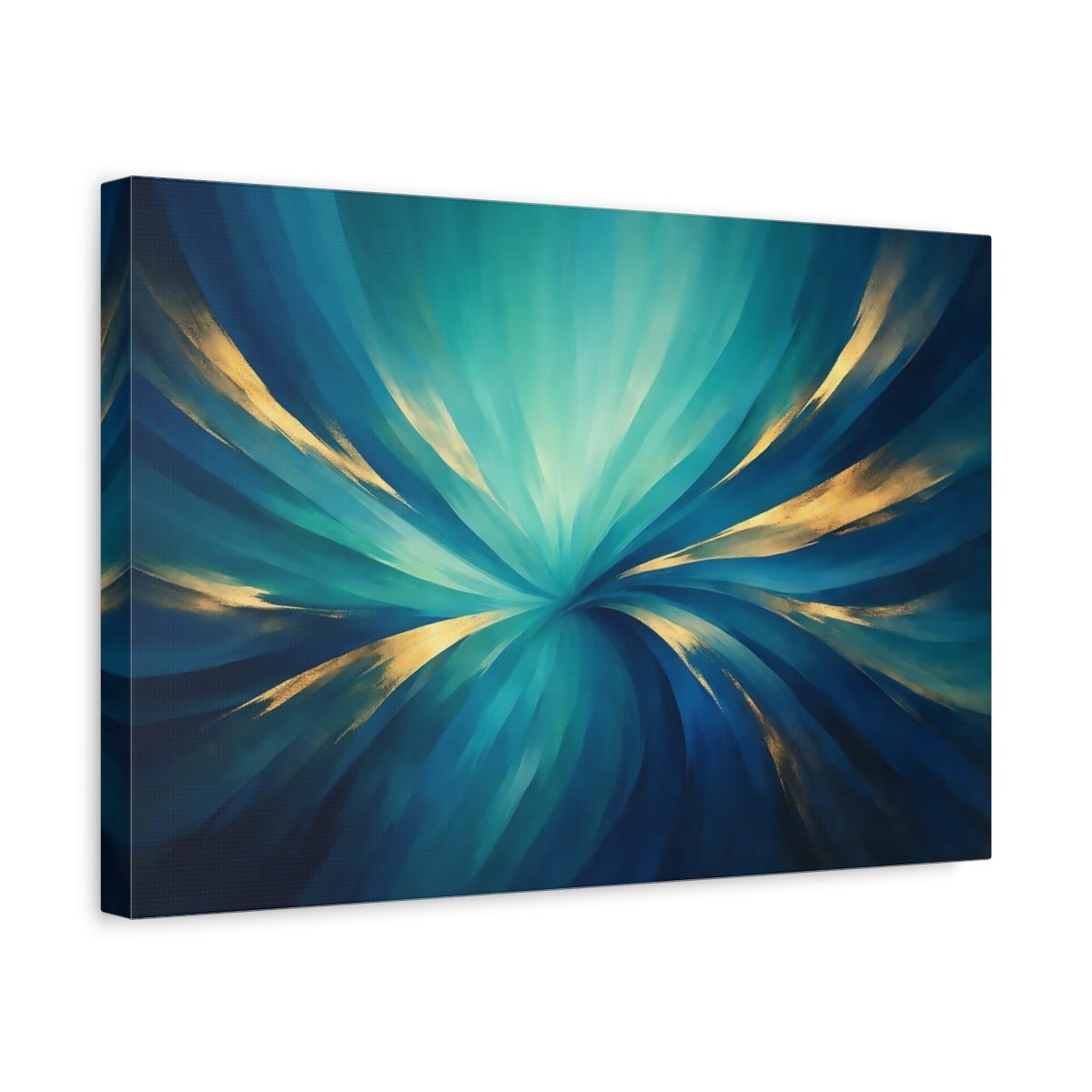Side Mockup 4. Abstract Abstract Swirl Teal And Gold shown as stretched canvas wall art