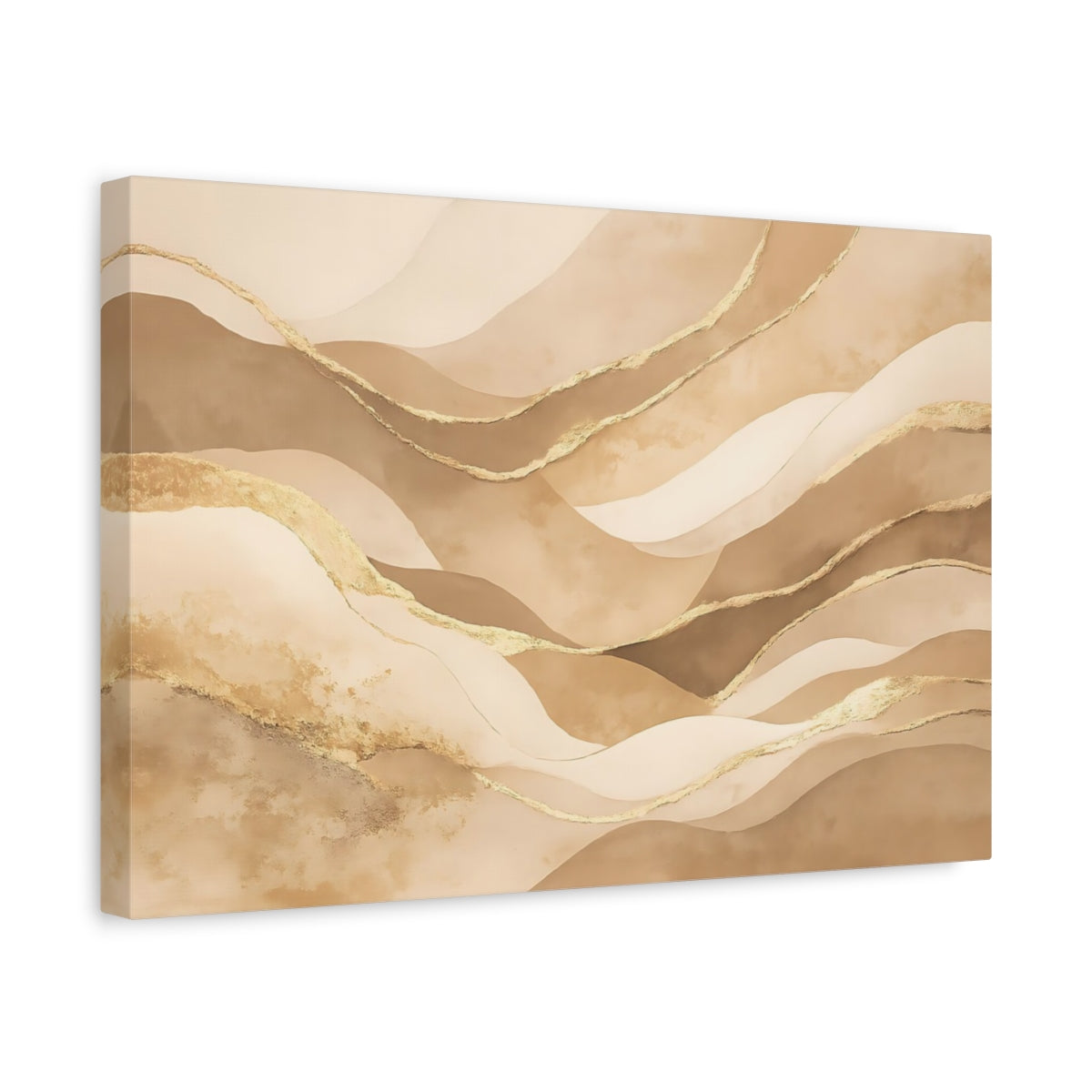 Side Mockup 4. Abstract Abstract Waves Beige Gold Waves shown as stretched canvas wall art