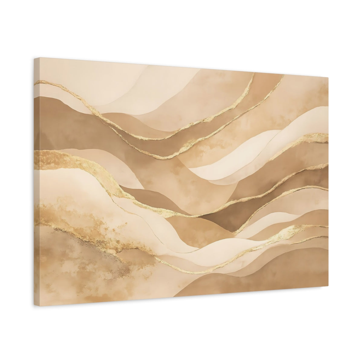 Side Mockup 2. Abstract Abstract Waves Beige Gold Waves shown as stretched canvas wall art