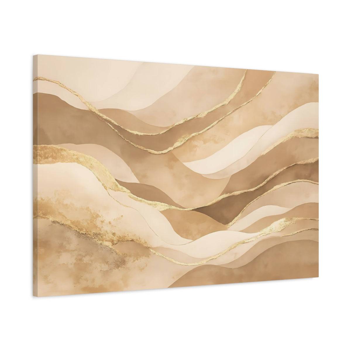 Side Mockup 1. Abstract Abstract Waves Beige Gold Waves shown as stretched canvas wall art