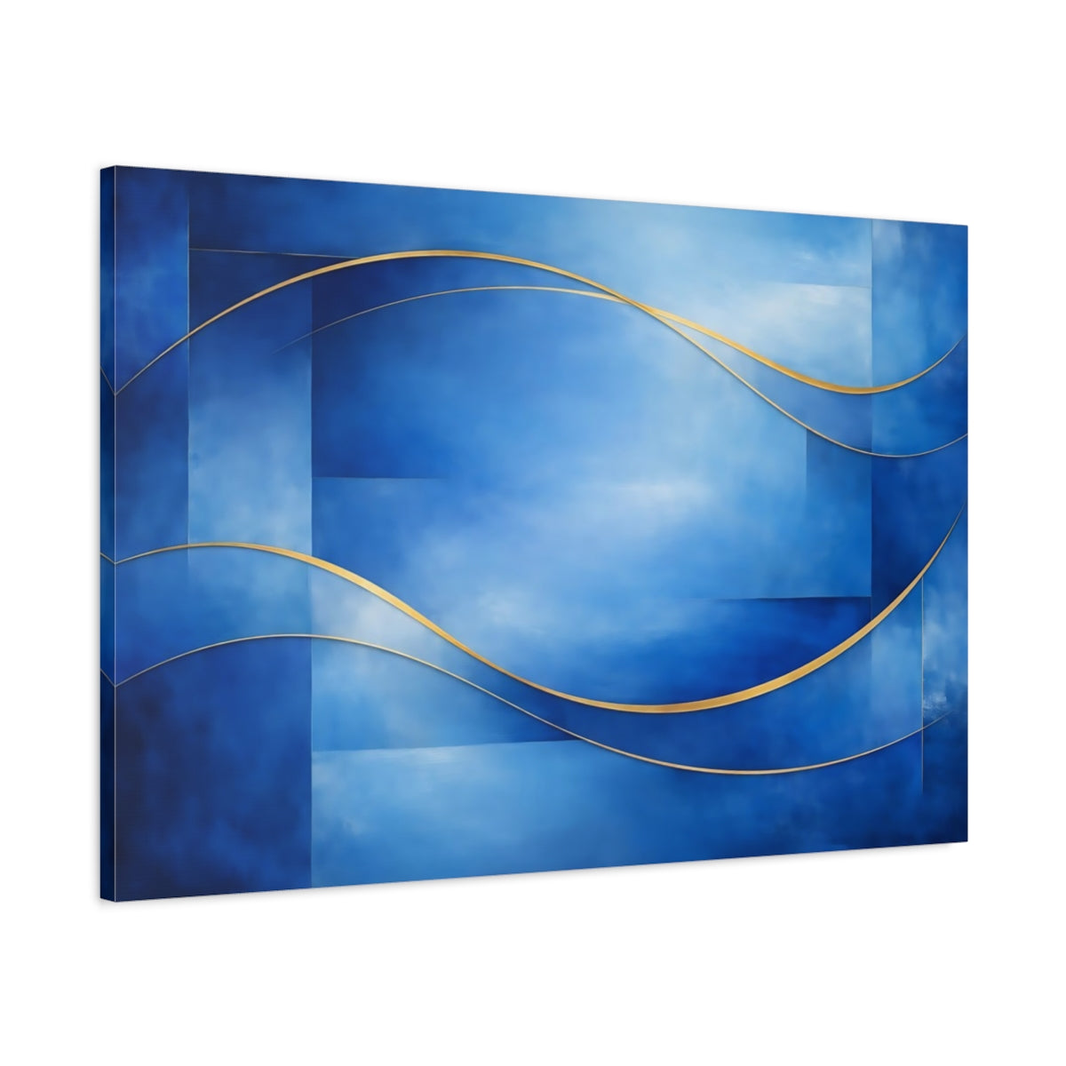 Side Mockup 1. Abstract Abstract Waves Blue And Gold Abstract shown as stretched canvas wall art
