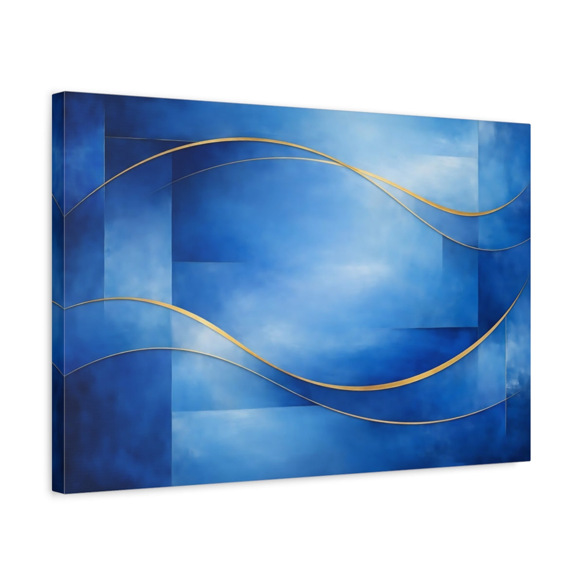 Side Mockup 3. Abstract Abstract Waves Blue And Gold Abstract shown as stretched canvas wall art
