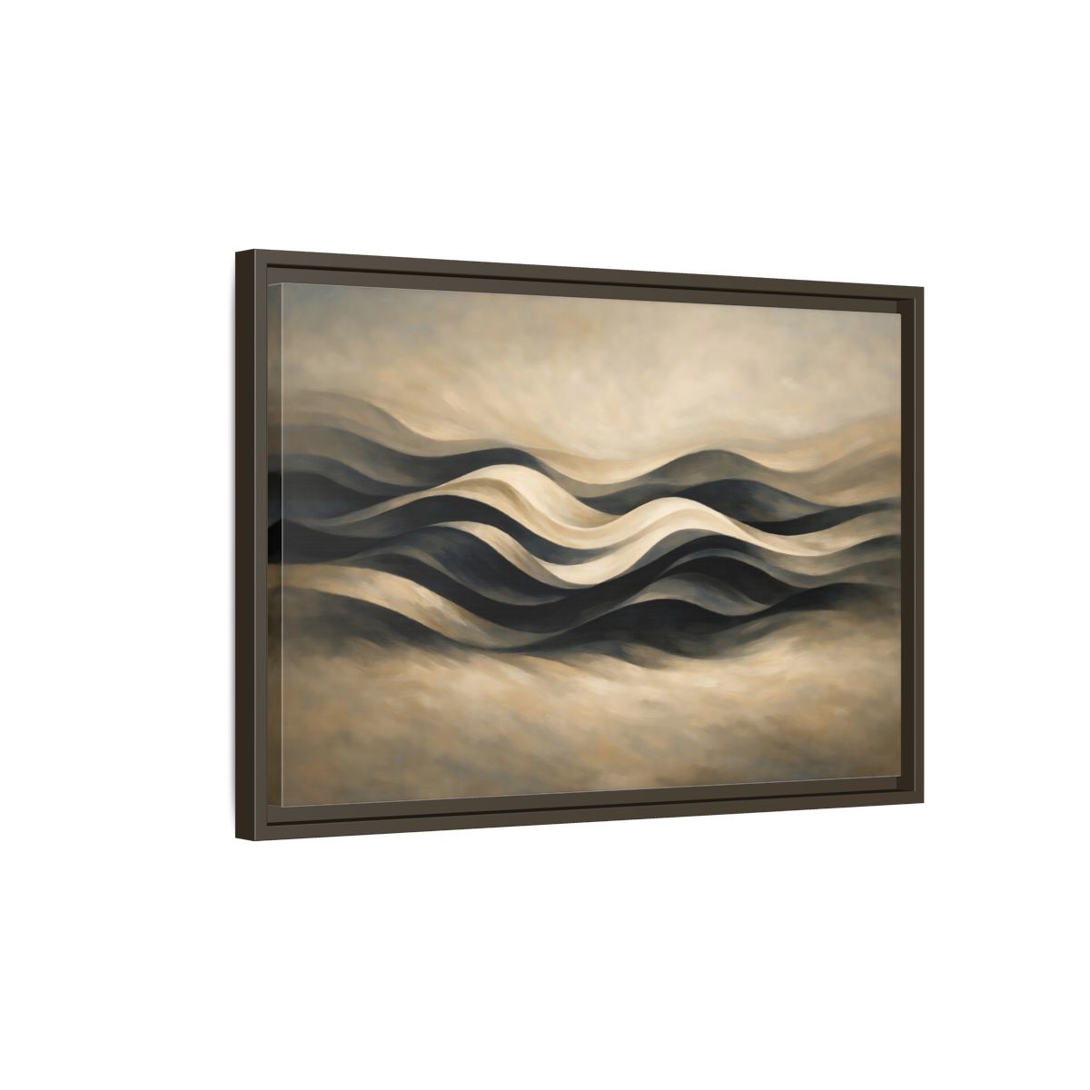 Side Mockup 2. Abstract Abstract Waves Brown And Beige Waves shown as stretched canvas wall art