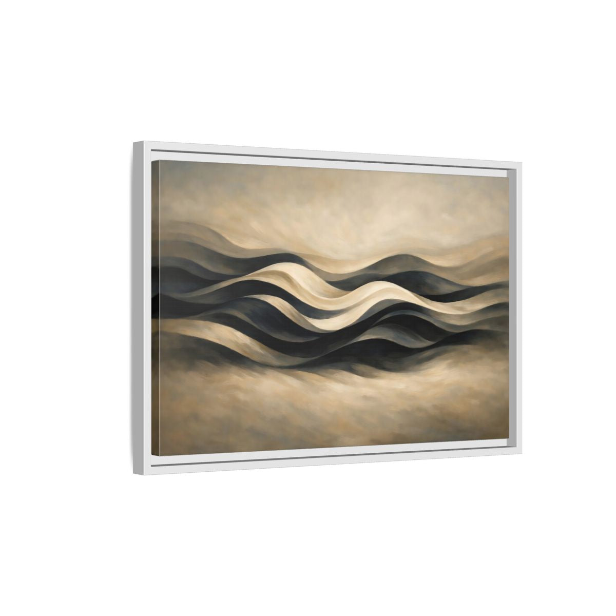 Side Mockup 1. Abstract Abstract Waves Brown And Beige Waves shown as stretched canvas wall art