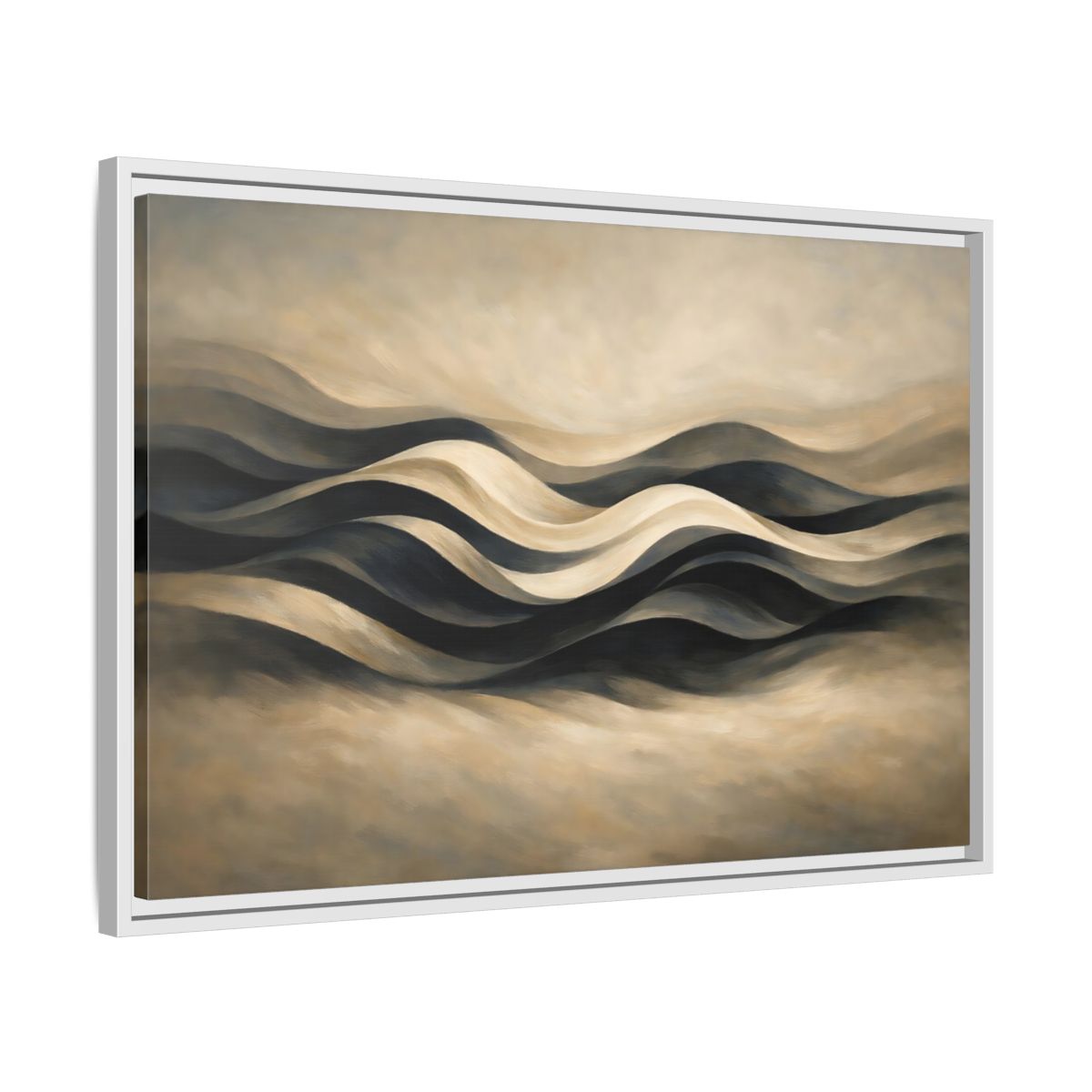 Side Mockup 10. Abstract Abstract Waves Brown And Beige Waves shown as stretched canvas wall art