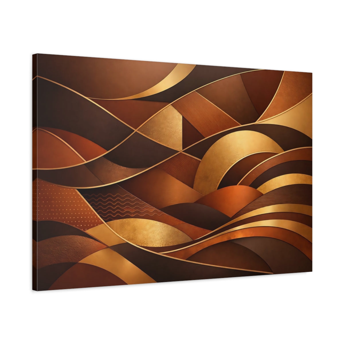 Side Mockup 1. Abstract Abstract Waves Brown Gold Abstract shown as stretched canvas wall art
