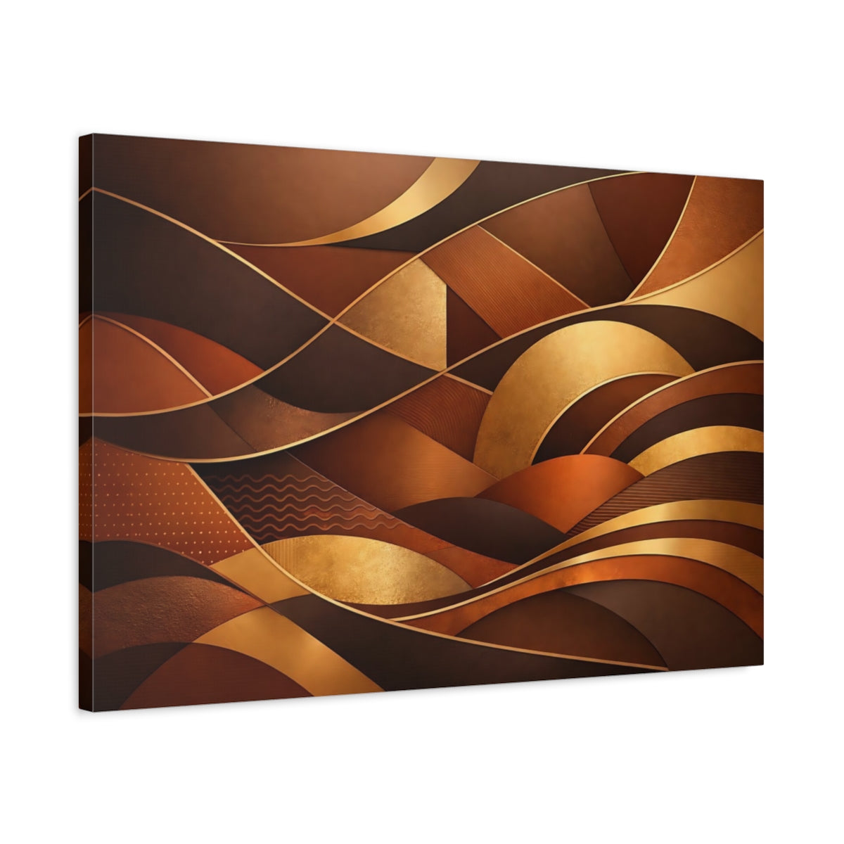 Side Mockup 2. Abstract Abstract Waves Brown Gold Abstract shown as stretched canvas wall art
