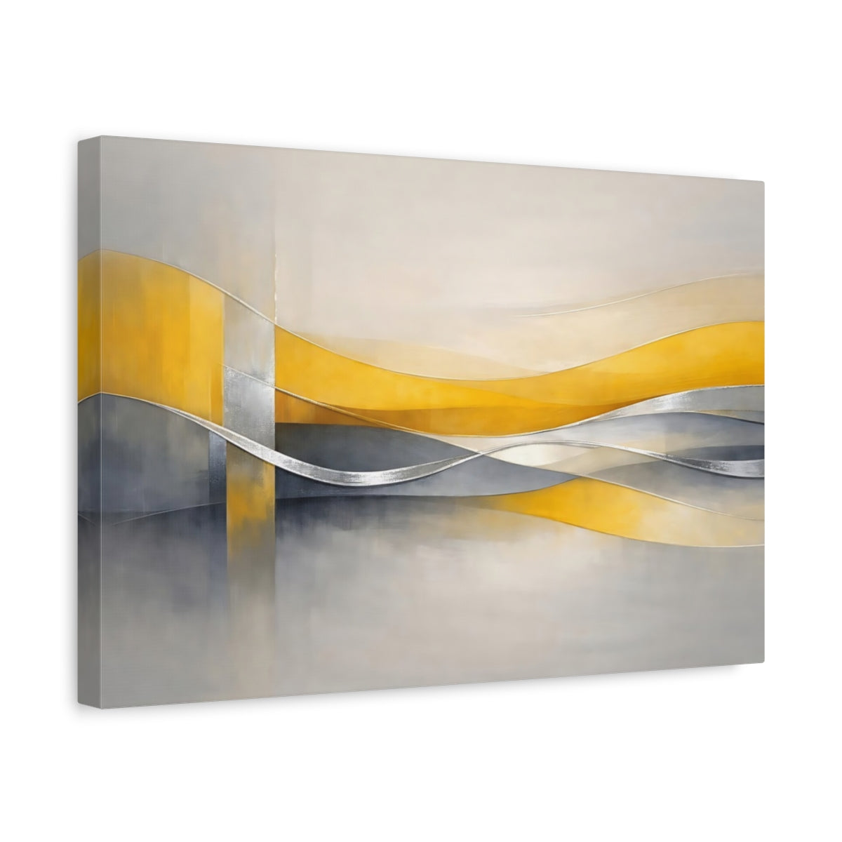Side Mockup 4. Abstract Abstract Waves Yellow And Gray Abstract shown as stretched canvas wall art