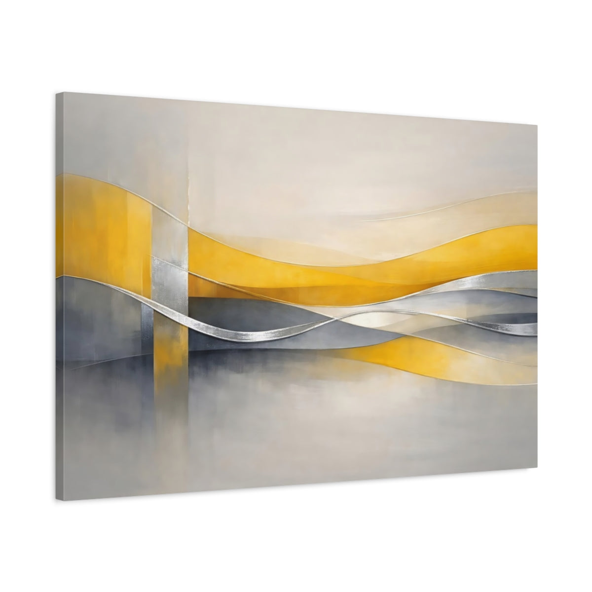 Side Mockup 1. Abstract Abstract Waves Yellow And Gray Abstract shown as stretched canvas wall art