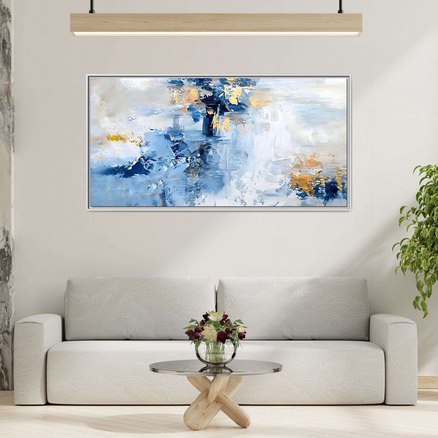 Modern Abstract White Blue Framed Canvas Print - Contemporary Living Room Art - YesArtYes