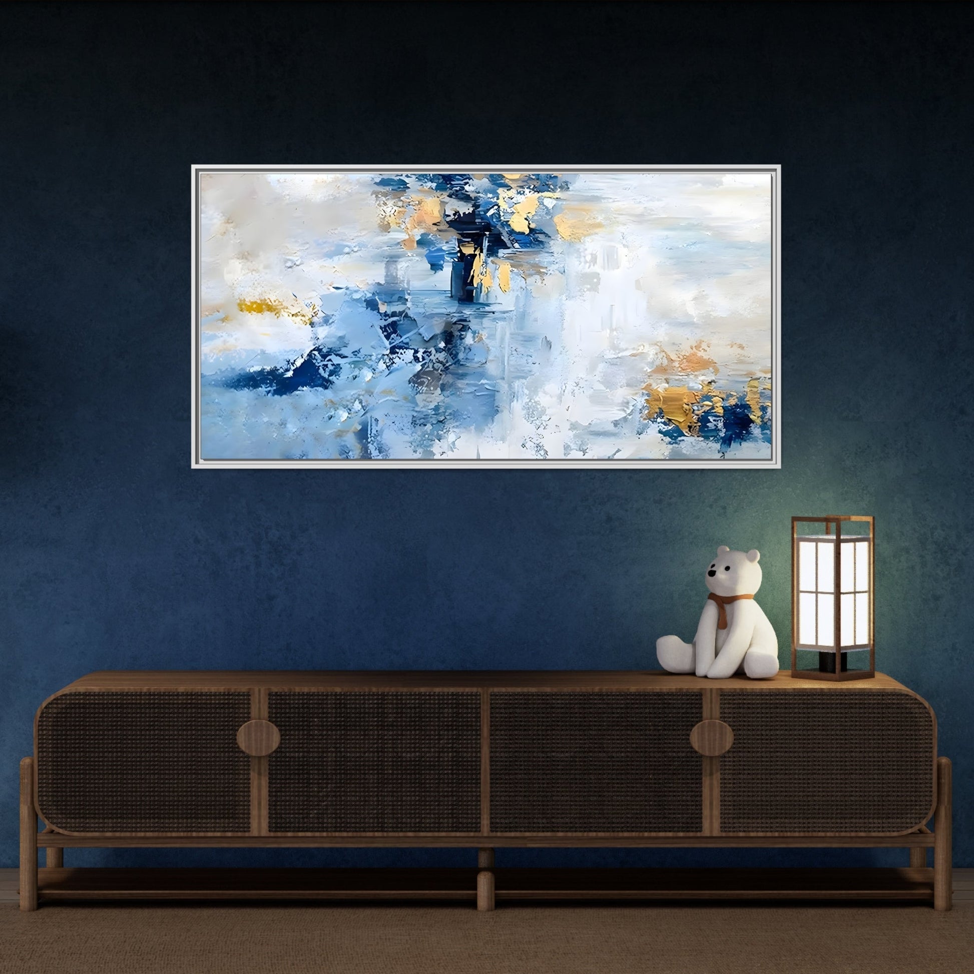 Modern Abstract White Blue Framed Canvas Print - Contemporary Living Room Art - YesArtYes