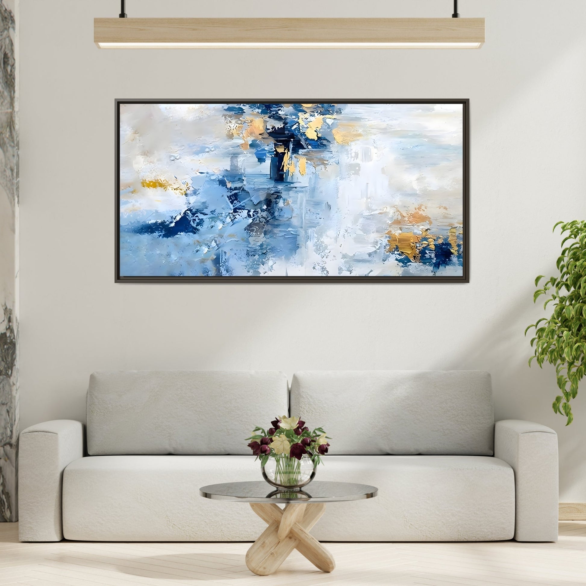 Modern Abstract White Blue Framed Canvas Print - Contemporary Living Room Art - YesArtYes