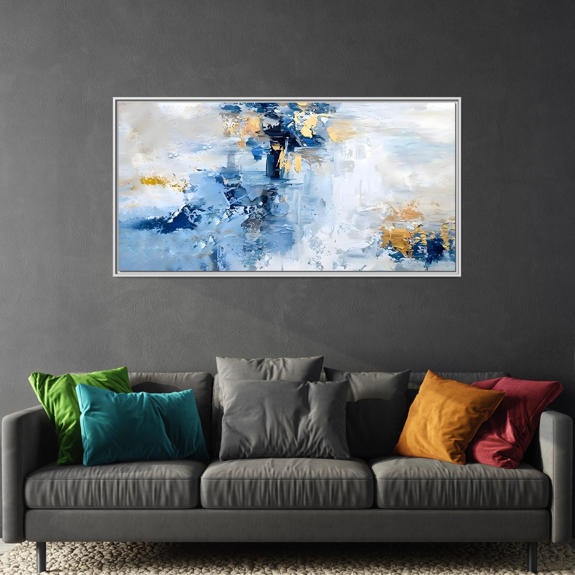 Modern Abstract White Blue Framed Canvas Print - Contemporary Living Room Art - YesArtYes