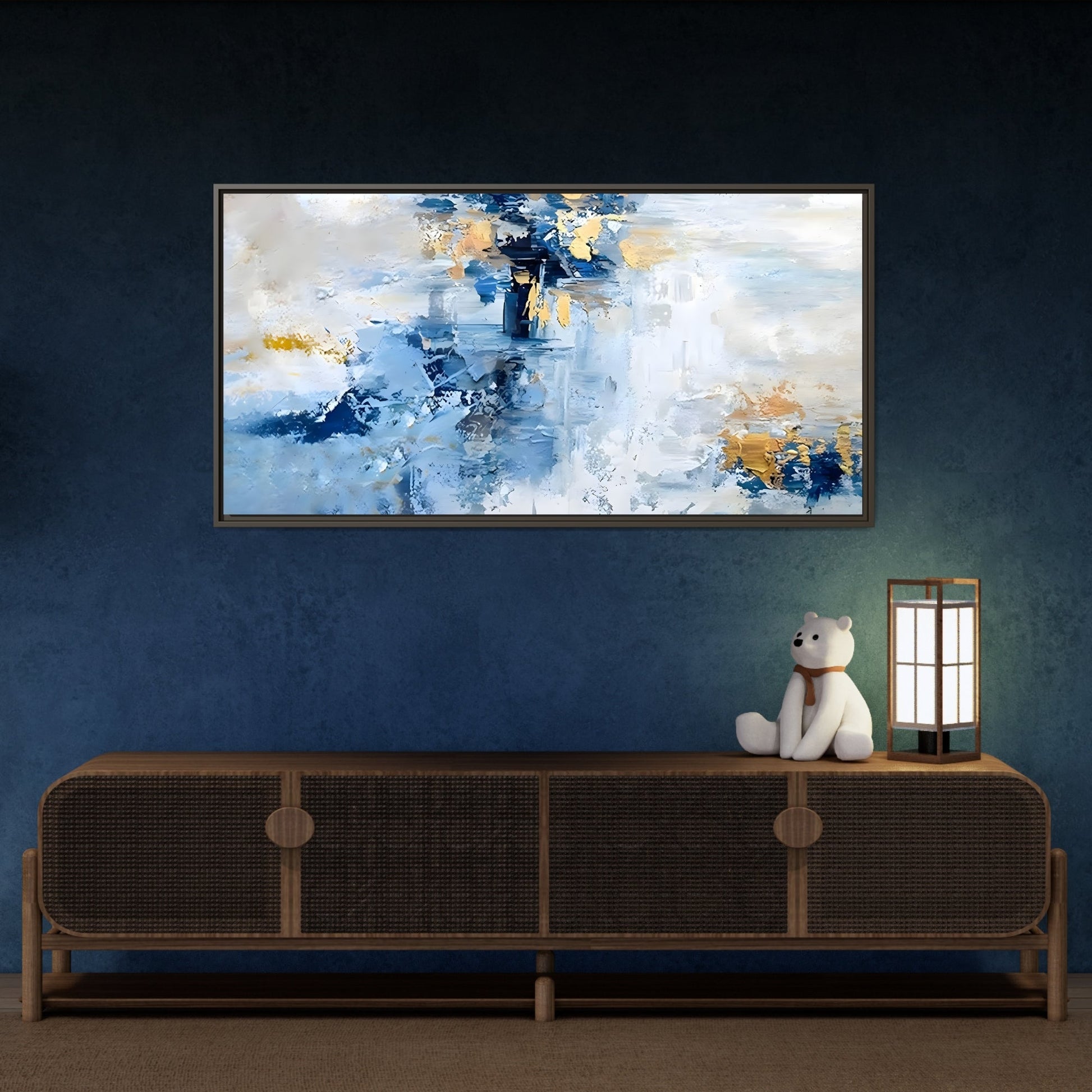 Modern Abstract White Blue Framed Canvas Print - Contemporary Living Room Art - YesArtYes