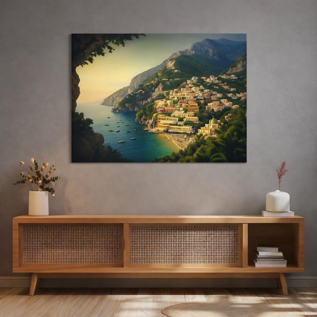 Modern Amalfi Coast Coastal Town Nature - Canvas Wall Art Print - YesArtYes