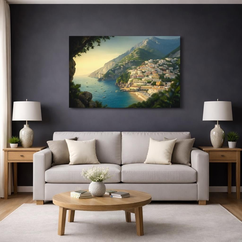 Modern Amalfi Coast Coastal Town Nature - Canvas Wall Art Print - YesArtYes