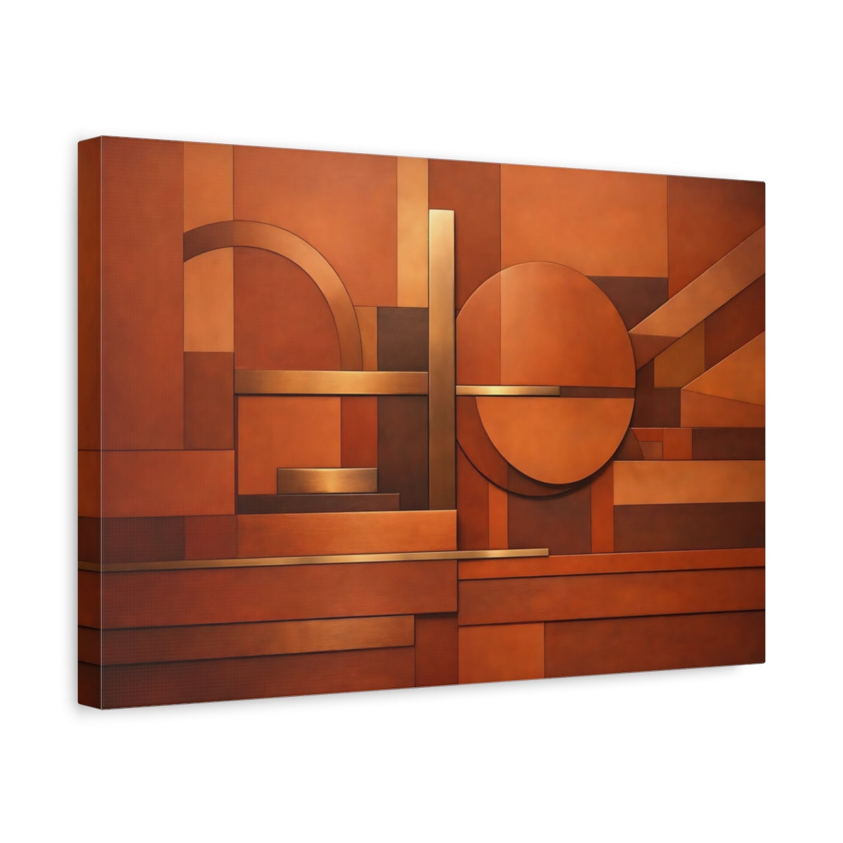 Side Mockup 4. Abstract Geometric Shapes Copper Brown Abstract shown as stretched canvas wall art