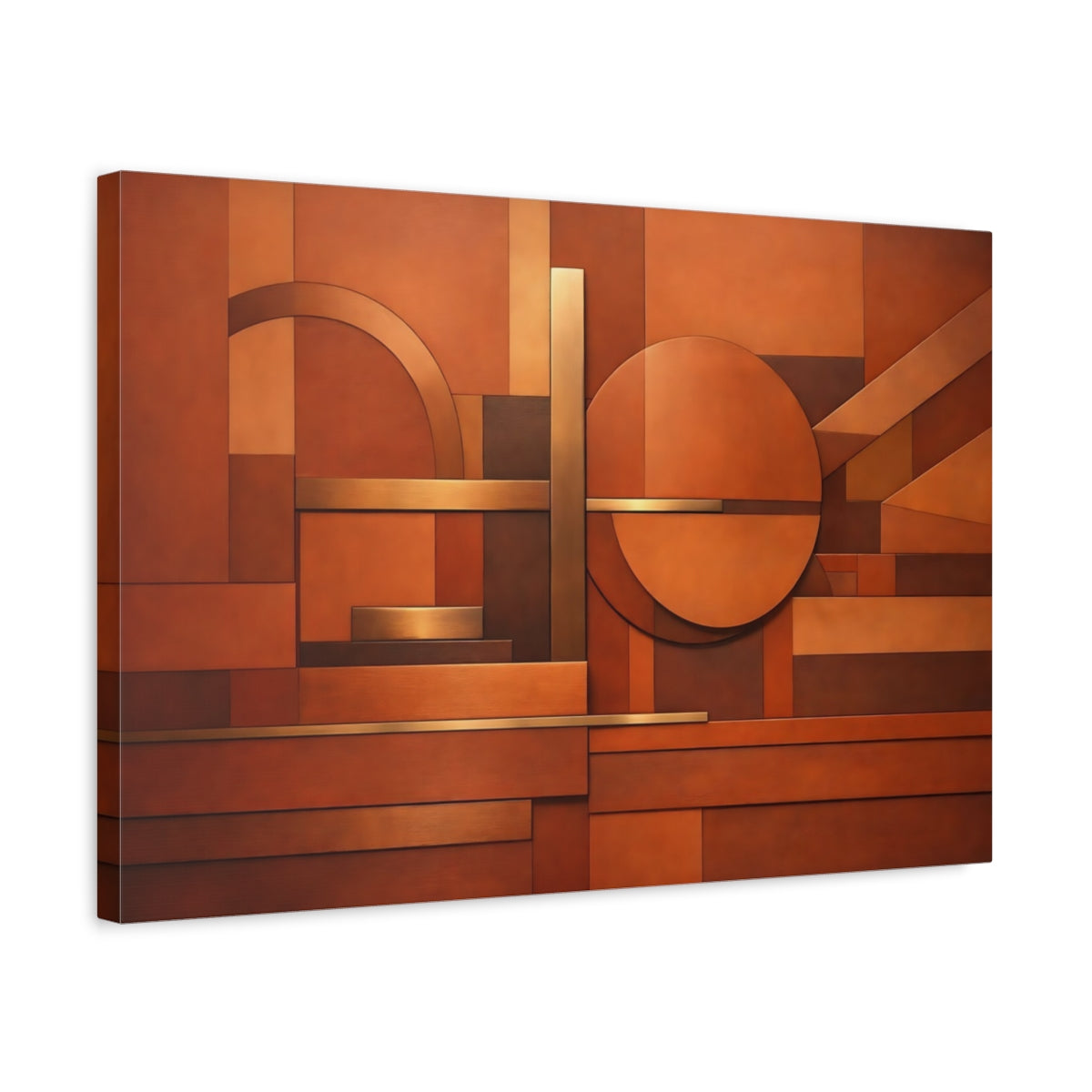 Side Mockup 3. Abstract Geometric Shapes Copper Brown Abstract shown as stretched canvas wall art