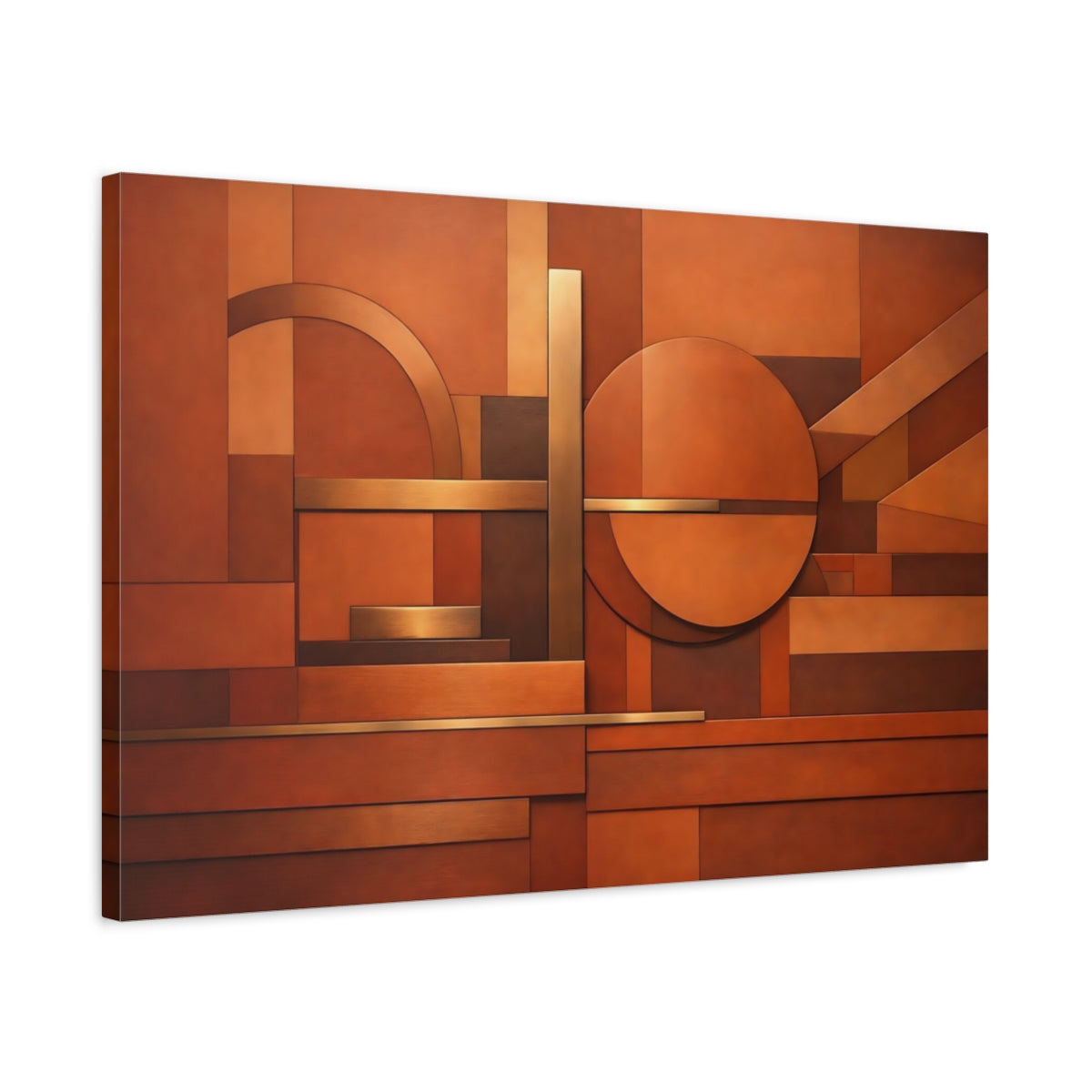Side Mockup 2. Abstract Geometric Shapes Copper Brown Abstract shown as stretched canvas wall art