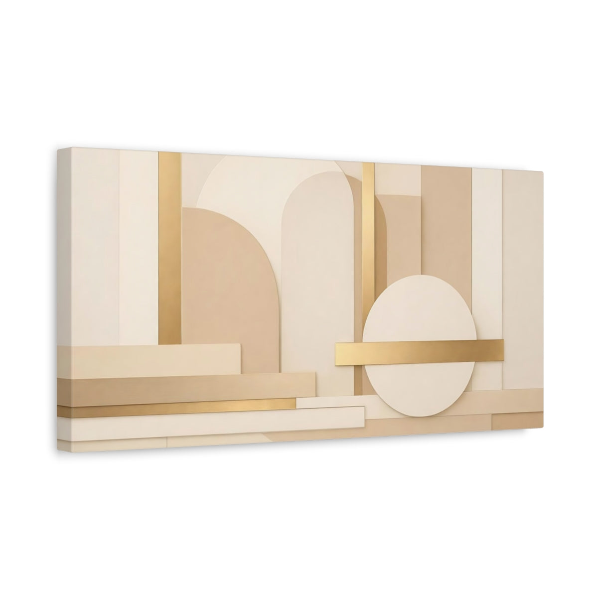 Side Mockup 3. Abstract Geometric Shapes Neutral Gold Abstract shown as stretched canvas wall art