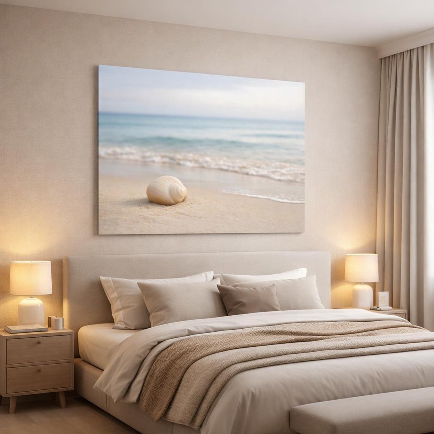 Modern Beach Neutral shown as canvas wall art in a luxury bedroom