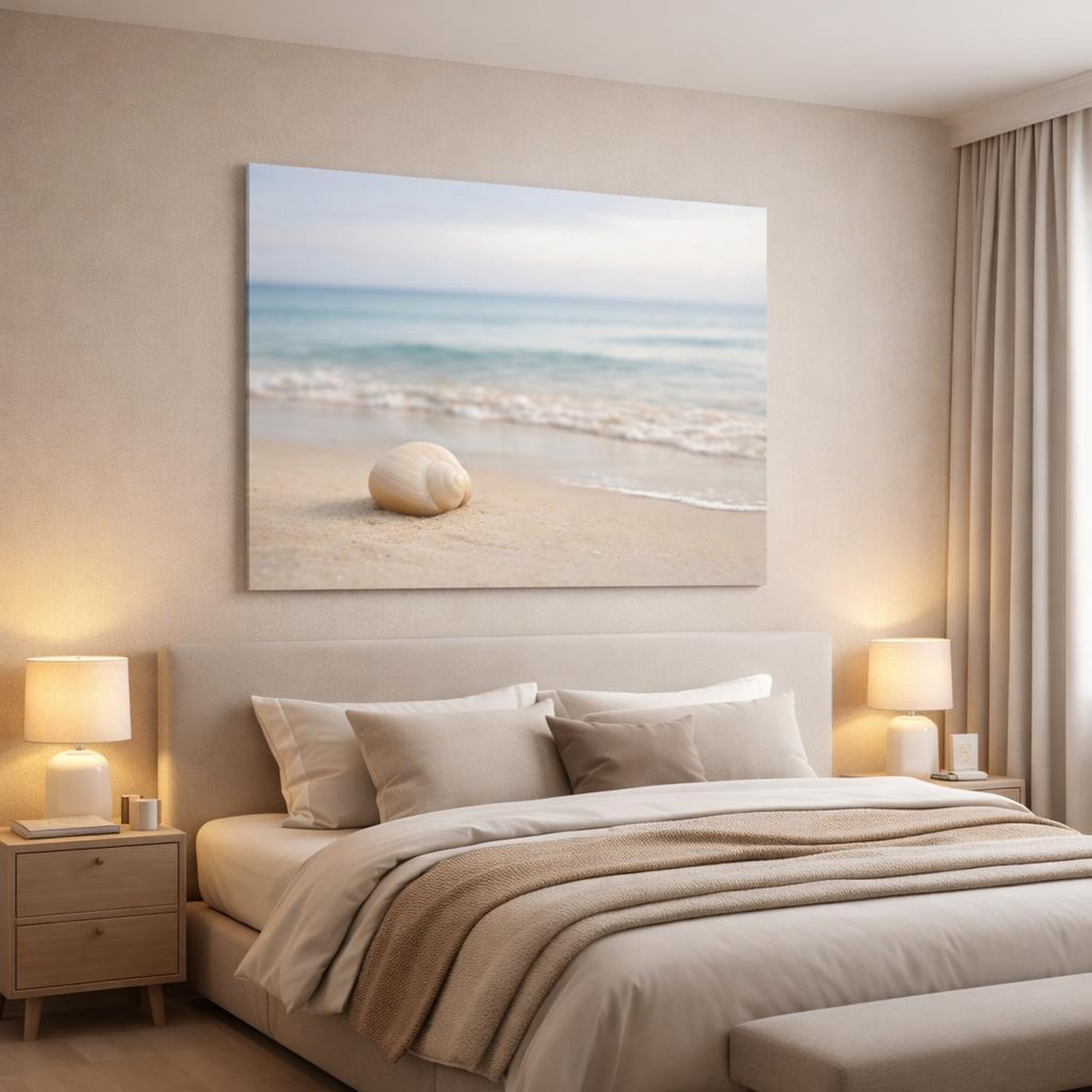 Modern Beach Neutral shown as canvas wall art in a luxury bedroom