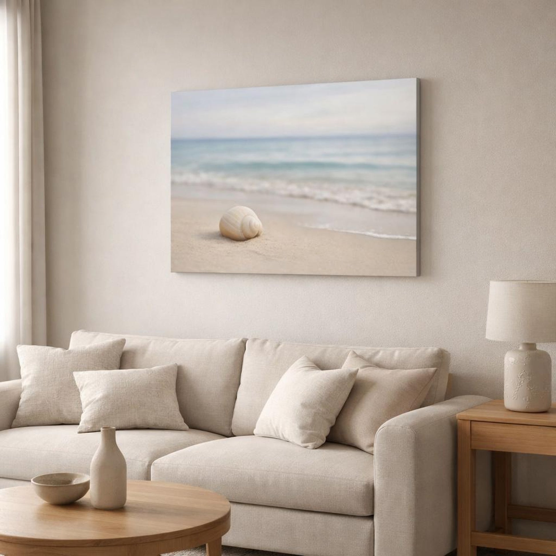 Modern Beach Neutral shown as canvas wall art in a modern living room