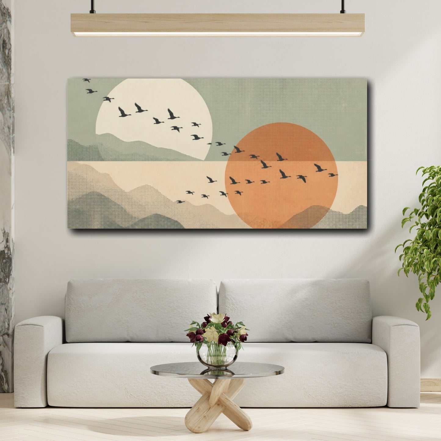Mockup 2. Modern Bird Silhouettes shown as canvas print