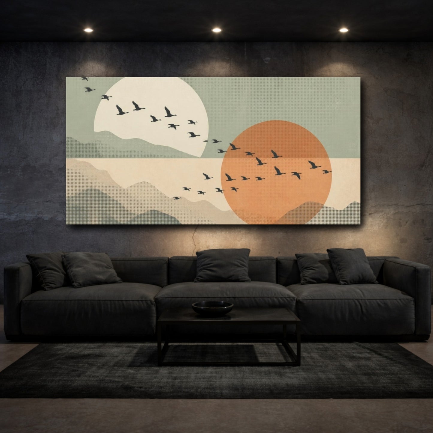Mockup 3. Modern Bird Silhouettes shown as canvas print