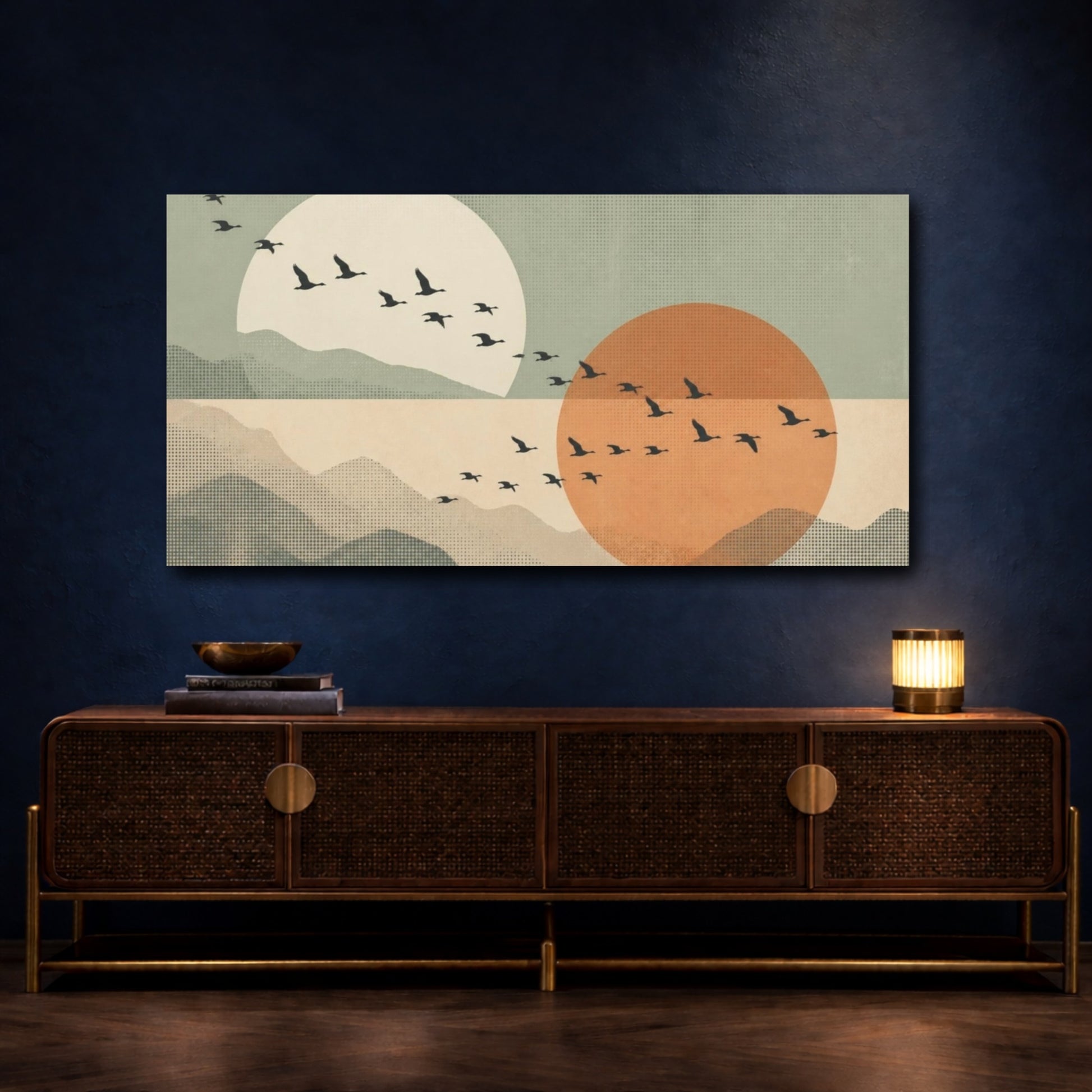 Mockup 4. Modern Bird Silhouettes shown as canvas print