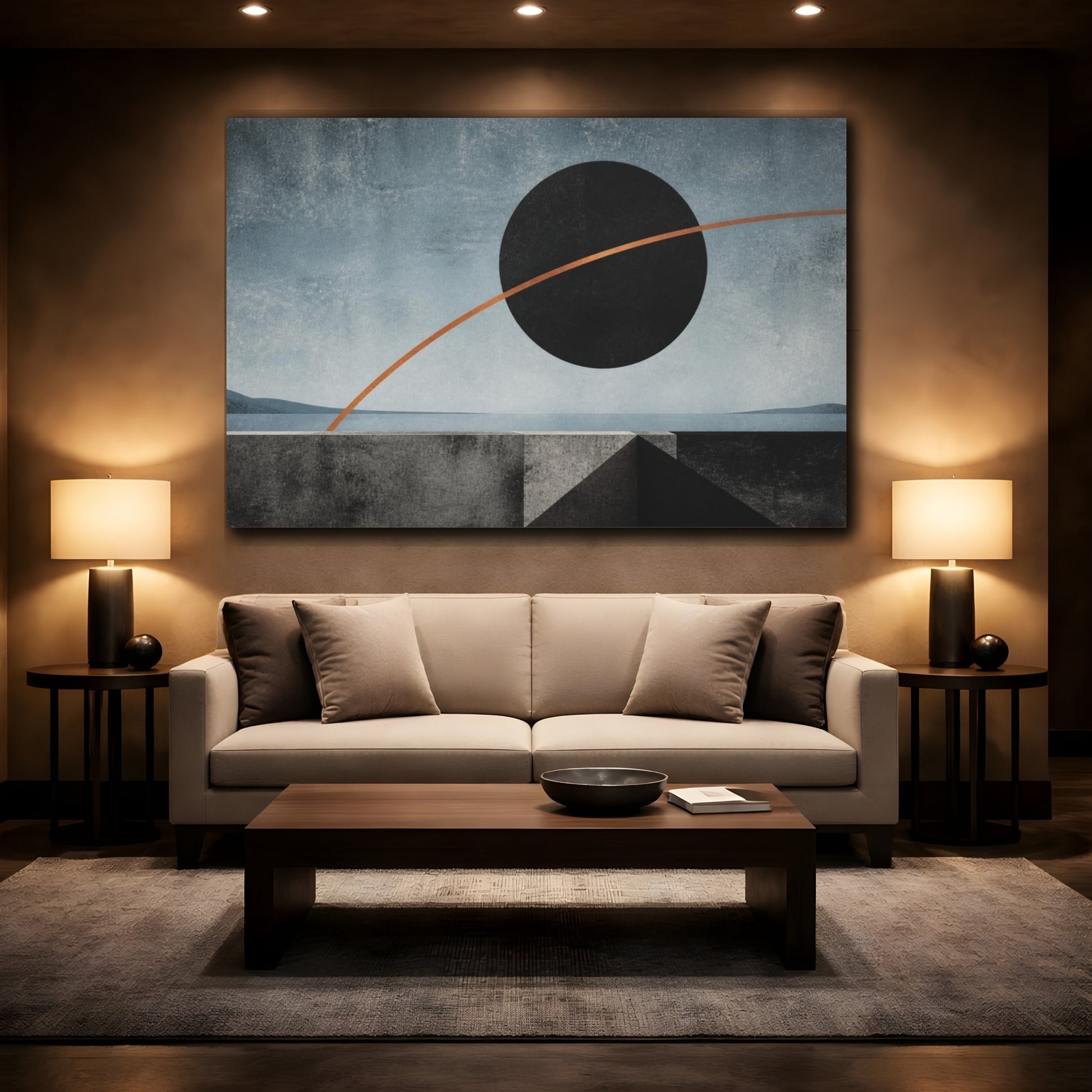 Mockup 2. Modern Black Disc Eclipse shown as canvas print