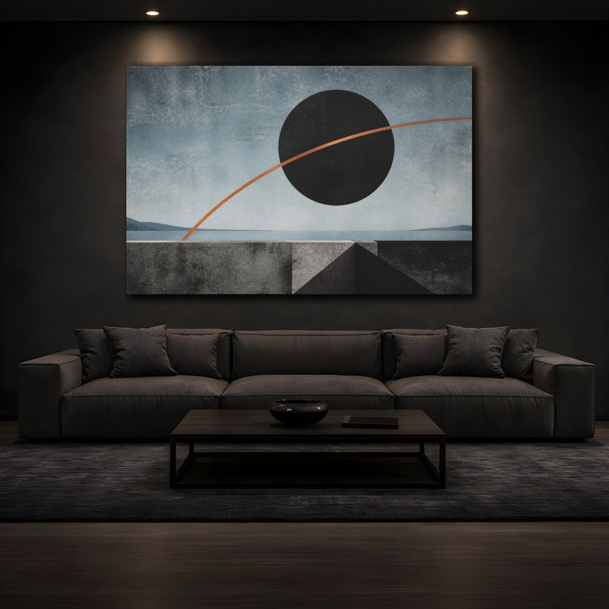 Mockup 3. Modern Black Disc Eclipse shown as canvas print