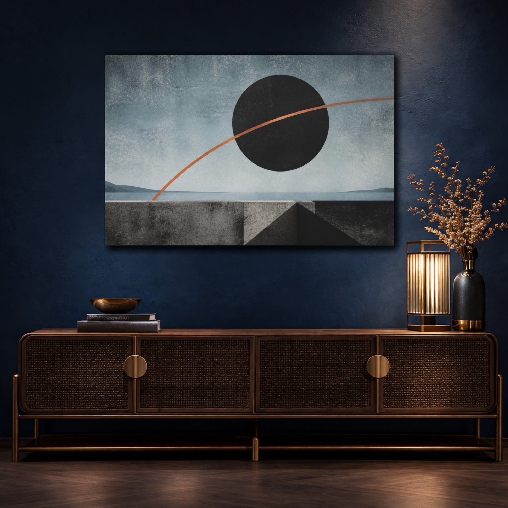 Mockup 4. Modern Black Disc Eclipse shown as canvas print