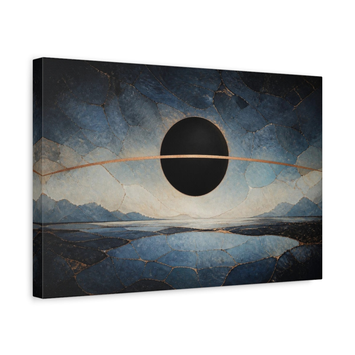 Side Mockup 4. Modern Black Eclipse shown as canvas print