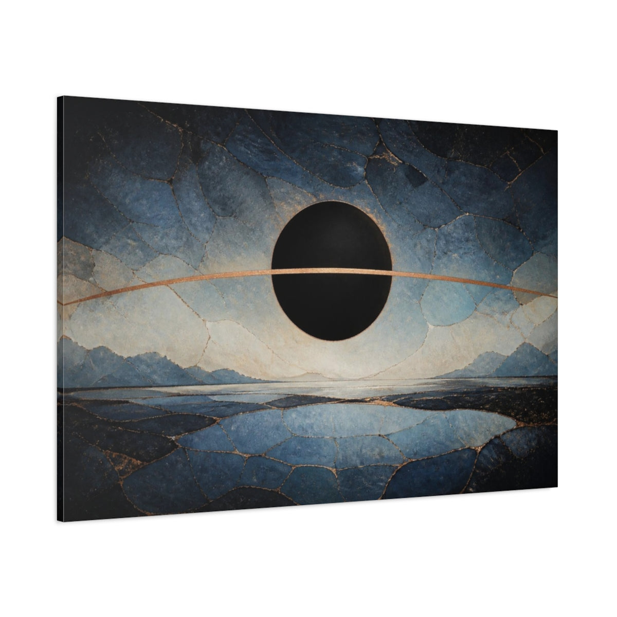 Side Mockup 1. Modern Black Eclipse shown as canvas print