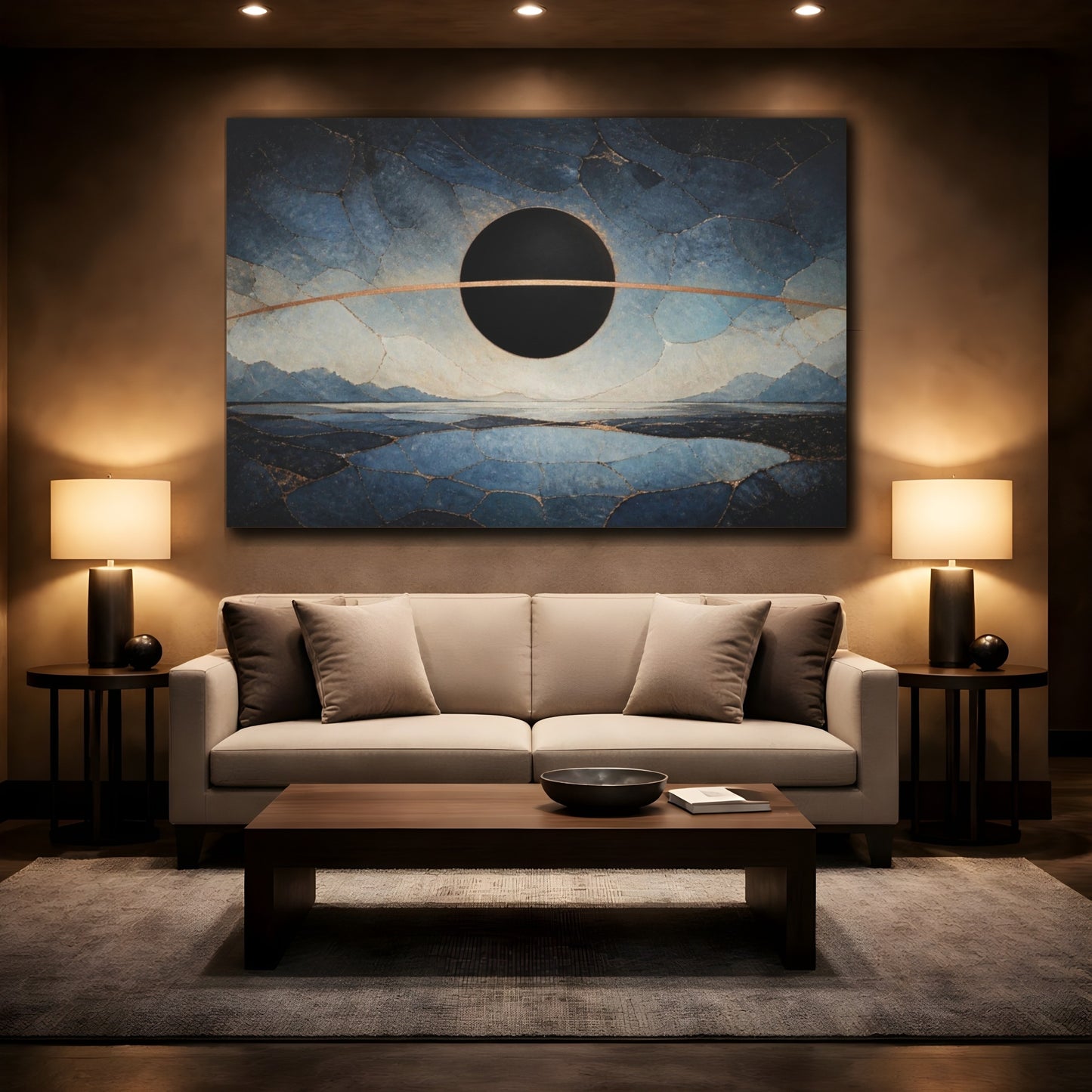 Mockup 2. Modern Black Eclipse shown as canvas print