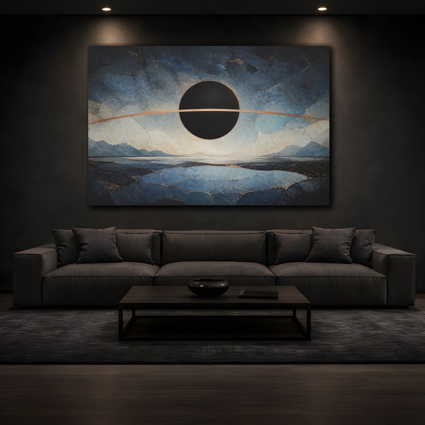 Mockup 3. Modern Black Eclipse shown as canvas print