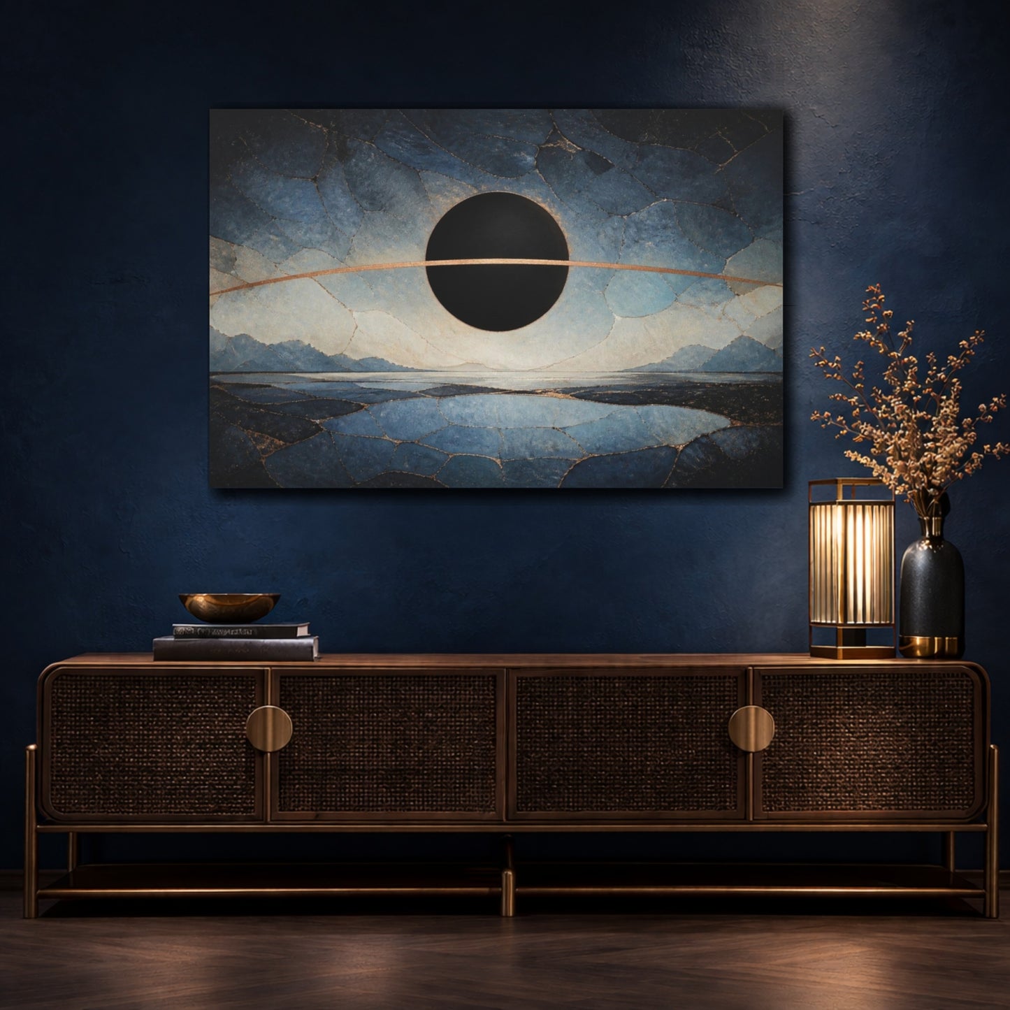 Mockup 4. Modern Black Eclipse shown as canvas print