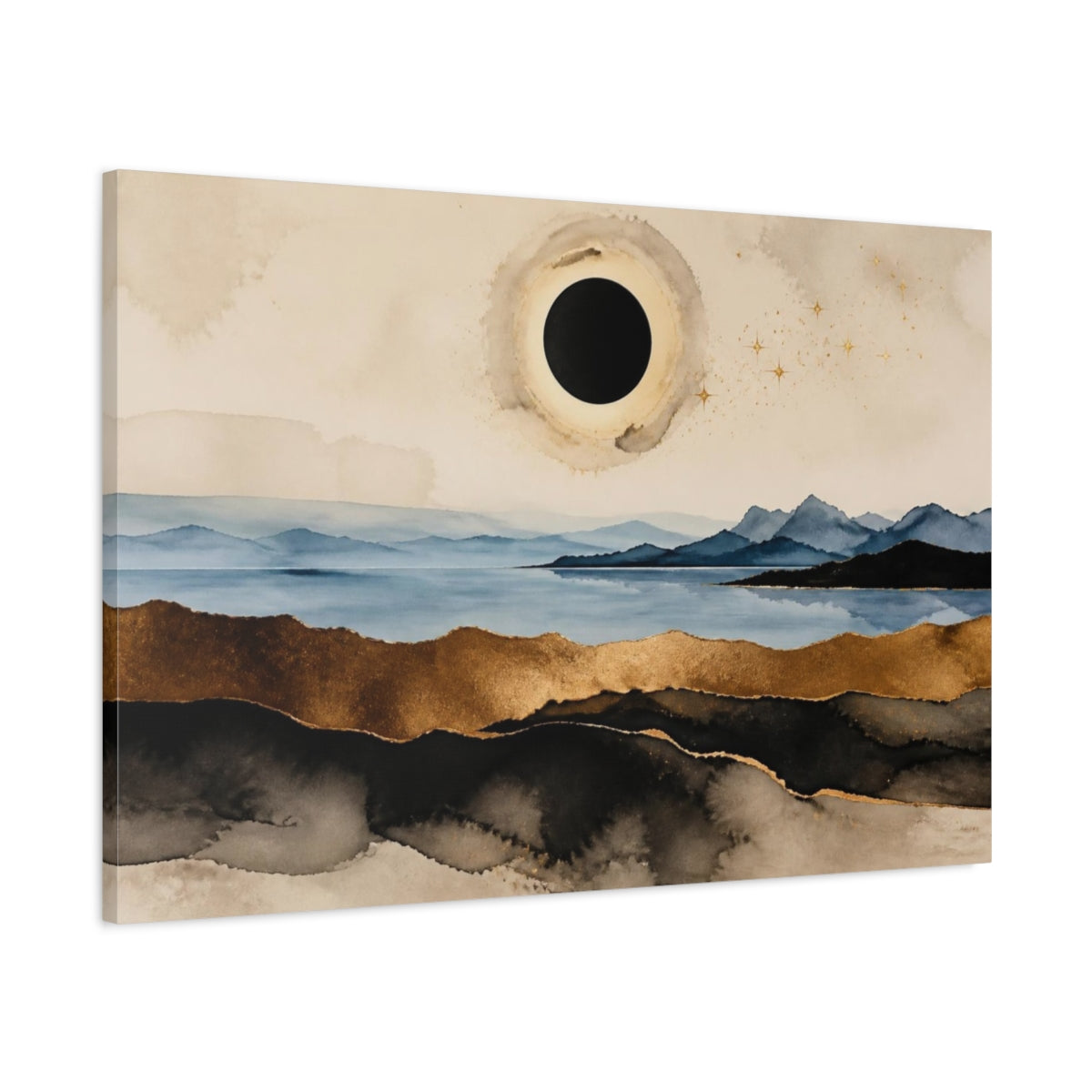 Main Mockup. Modern Black Sun Eclipse shown as canvas print