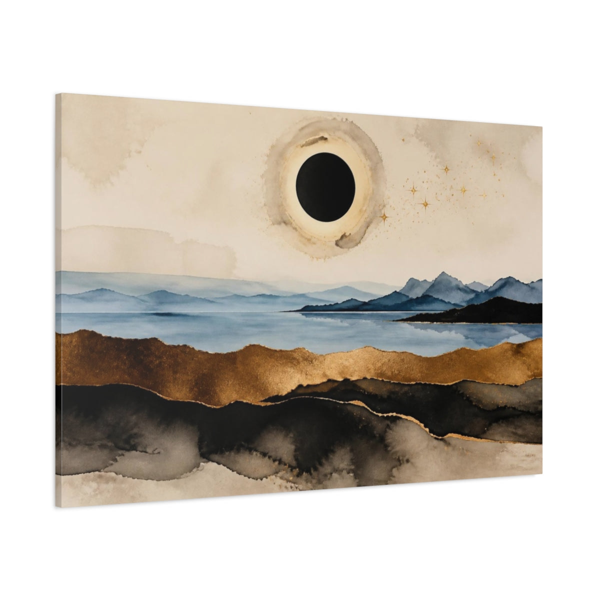 Side Mockup 1. Modern Black Sun Eclipse shown as canvas print